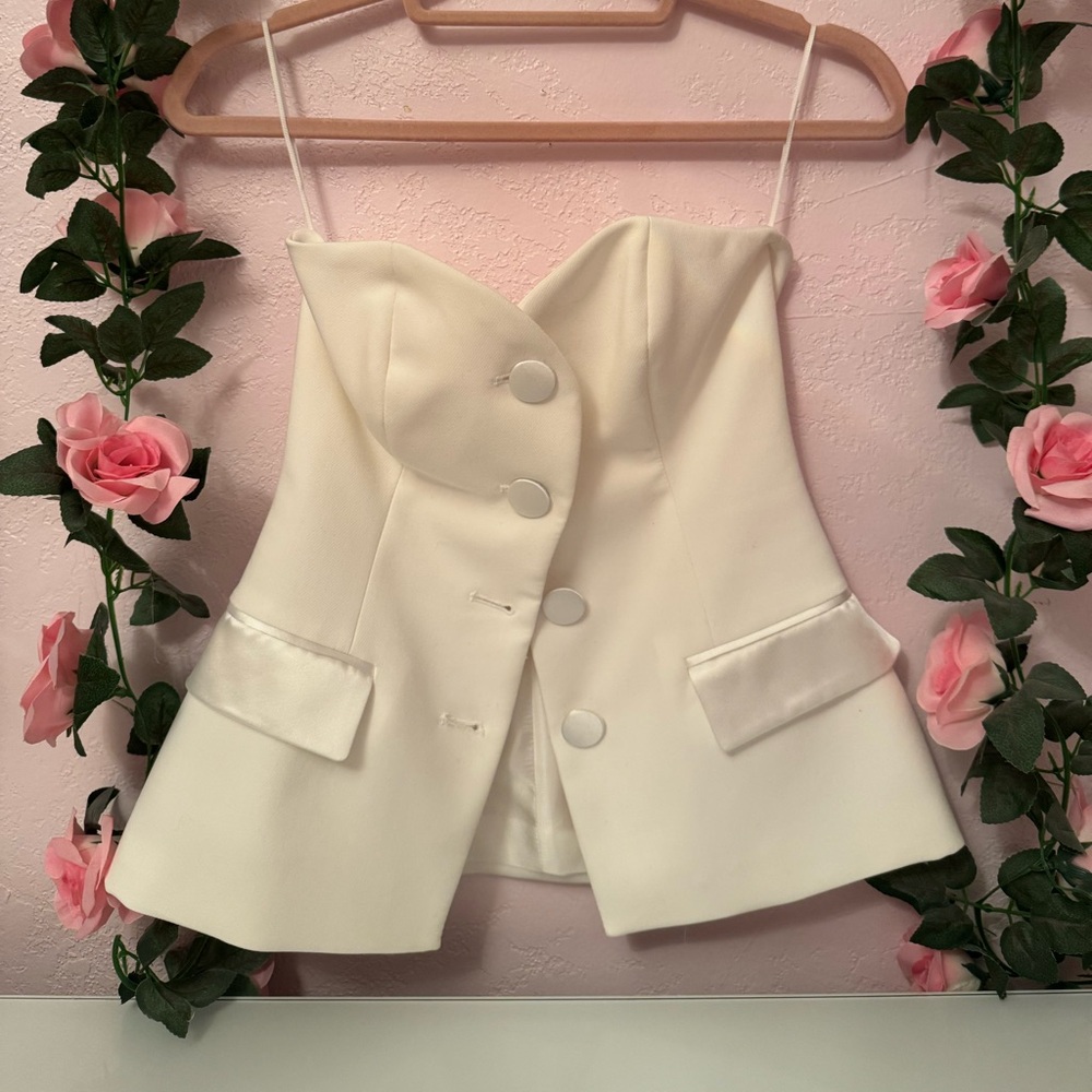 White Strapless Peplum Button Front Top